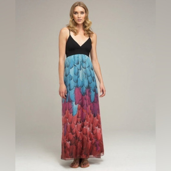 Janette John 3:16 Women’s Peacock Feather Print Chiffon Maxi Dress Size S - Picture 1 of 13